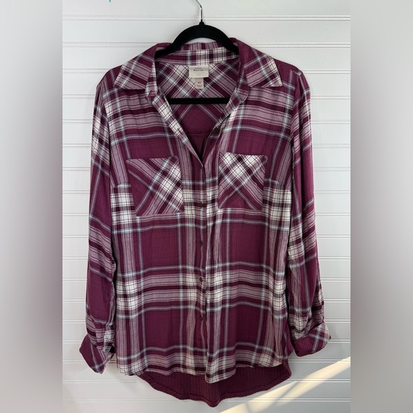 Knox Rose women’s plaid maroon & white plaid waffle weave back top. Size XS. - Picture 1 of 2